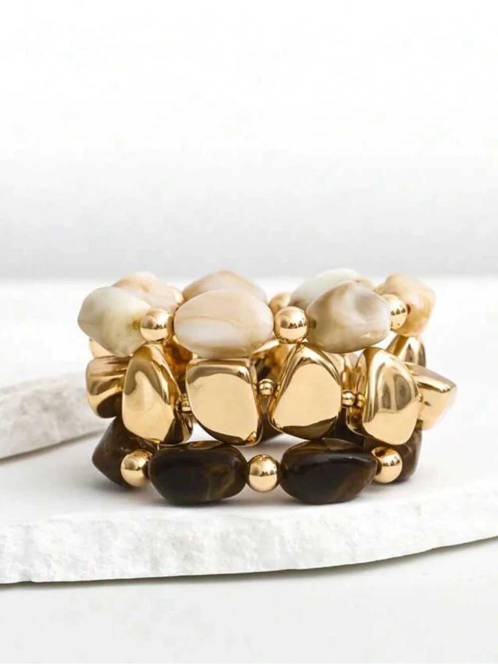 Three-Row vintage Stretch Bracelet Set in Cream, Brown & Gold Tones